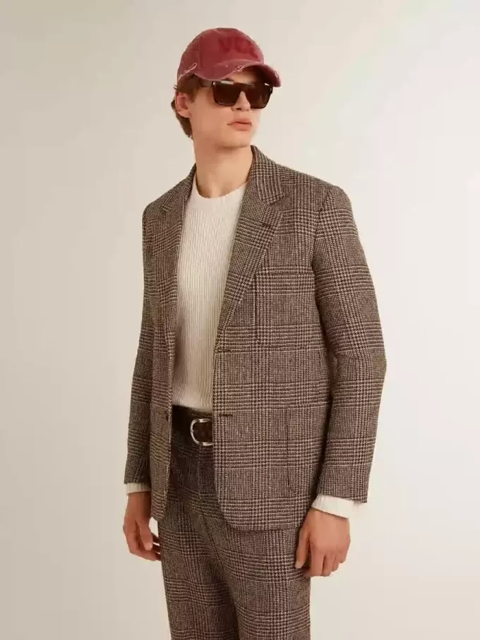 Grijze single-breasted blazer voor heren van wol met pied-de-poule-motief