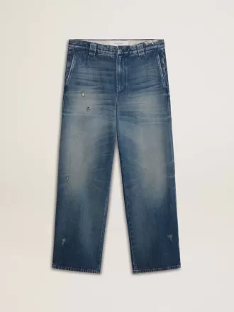 Heren chino van denim met distressed details