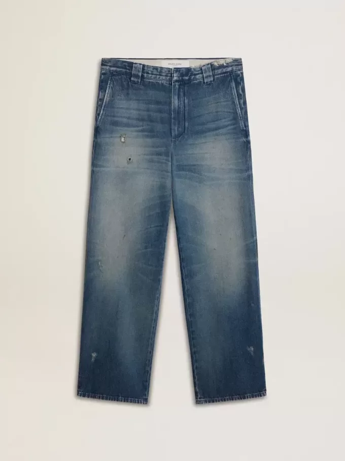 Heren chino van denim met distressed details