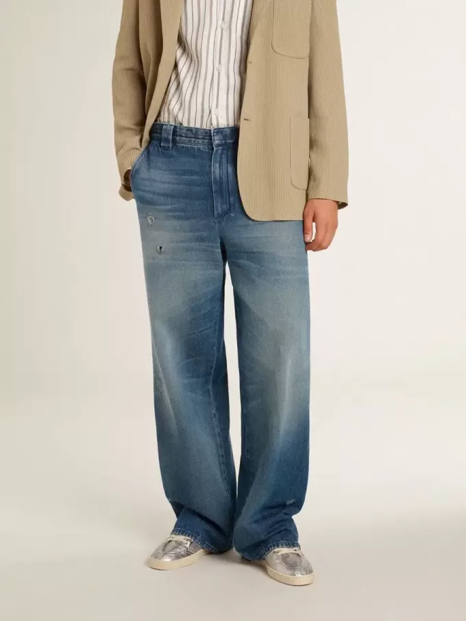 Heren chino van denim met distressed details