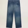Heren chino van denim met distressed details