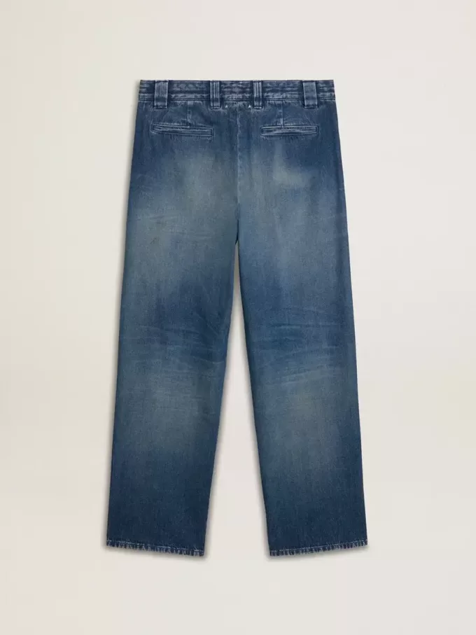 Heren chino van denim met distressed details