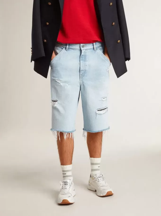 Heren denim bermuda met doorleefd effect