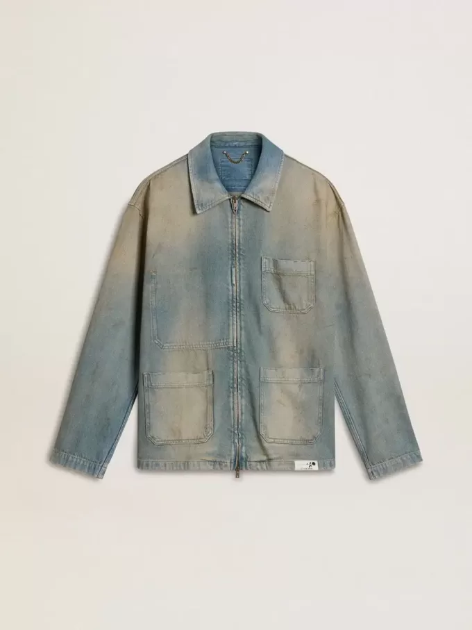 Heren denim jasje met distressed effect en ritssluiting