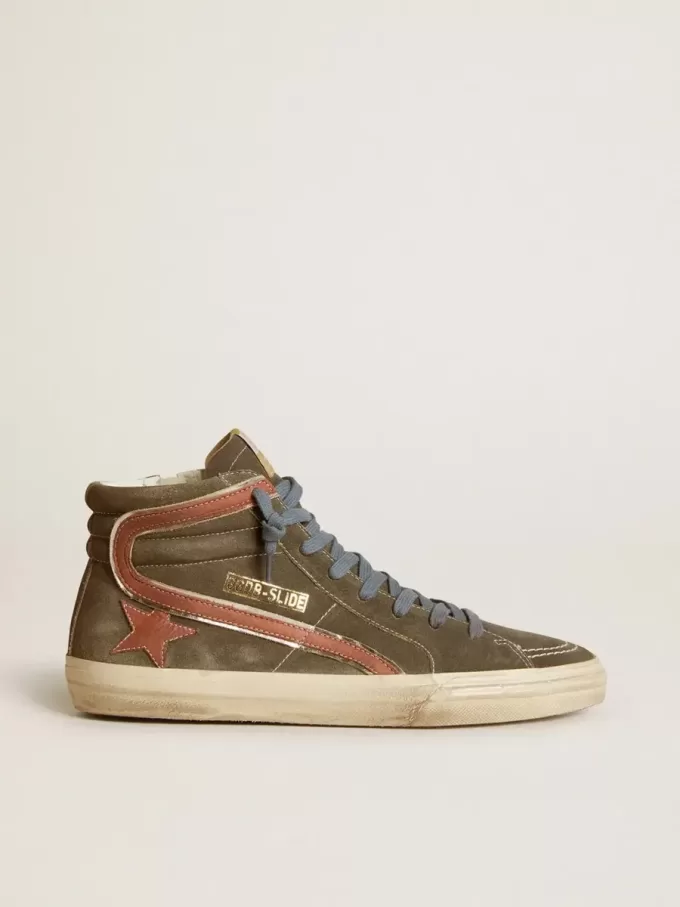 Heren Slide in grijs suède met bruine nubuck ster en flash
