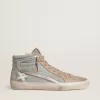 Heren Slide in lichtblauw canvas met zilverkleurige metallic leren details