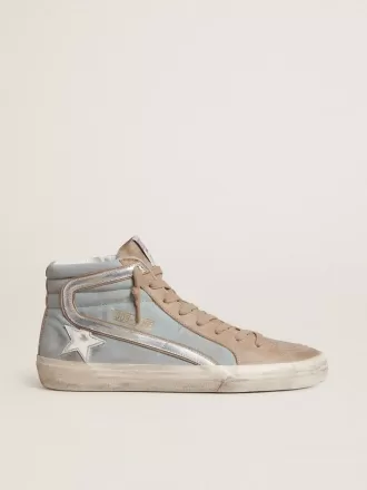 Heren Slide in lichtblauw canvas met zilverkleurige metallic leren details
