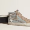 Heren Slide in lichtblauw canvas met zilverkleurige metallic leren details