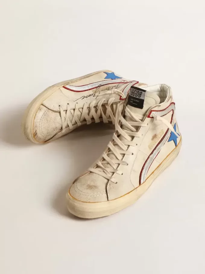 Heren-slipschoen met lichtblauwe leren ster en metallic zilveren leren flash