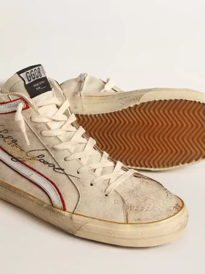Heren-slipschoen met lichtblauwe leren ster en metallic zilveren leren flash