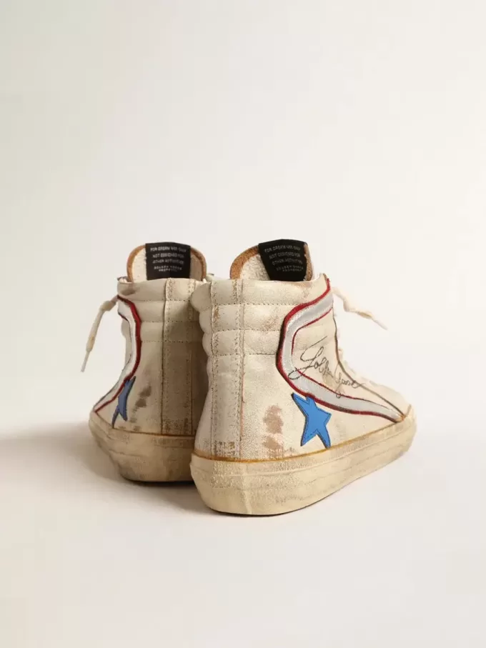 Heren-slipschoen met lichtblauwe leren ster en metallic zilveren leren flash