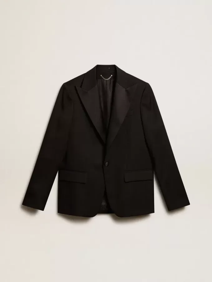 Heren smokingjasje van zwarte wollen gabardine