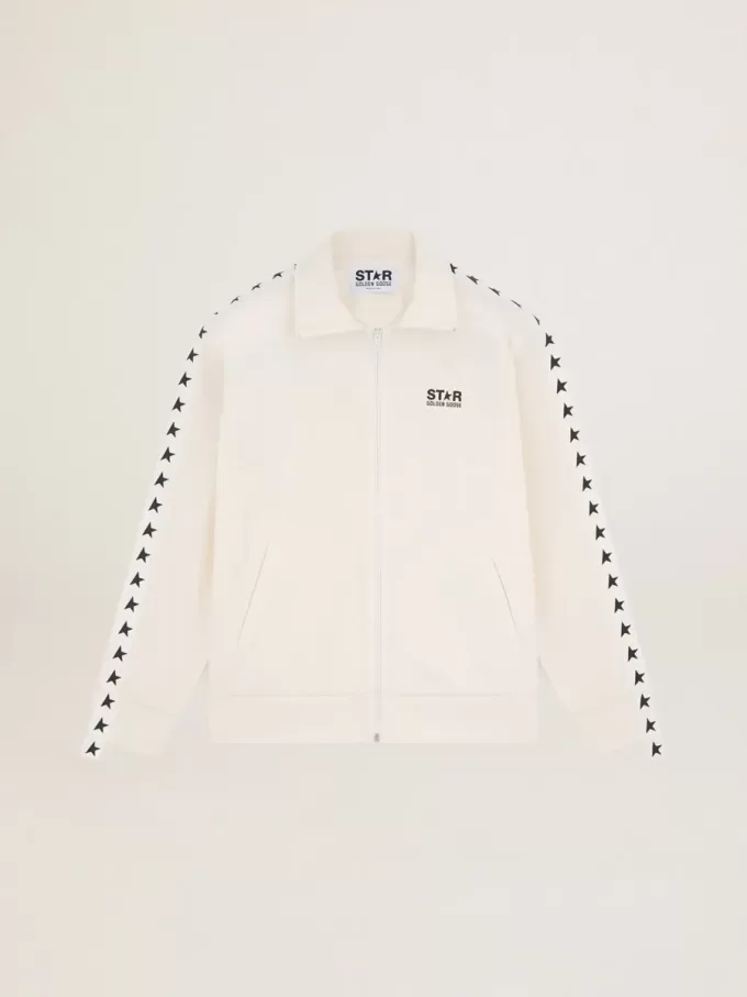 Heren sweatshirt met ritssluiting in papyruswit met zwarte sterren