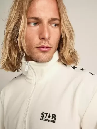 Heren sweatshirt met ritssluiting in papyruswit met zwarte sterren