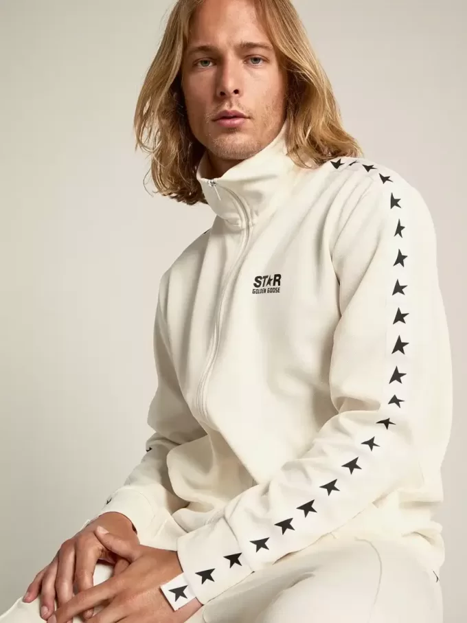 Heren sweatshirt met ritssluiting in papyruswit met zwarte sterren