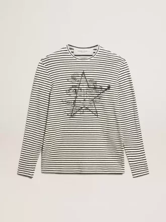 Heren-T-shirt met witte en blauwe strepen en borduursel op de voorkant