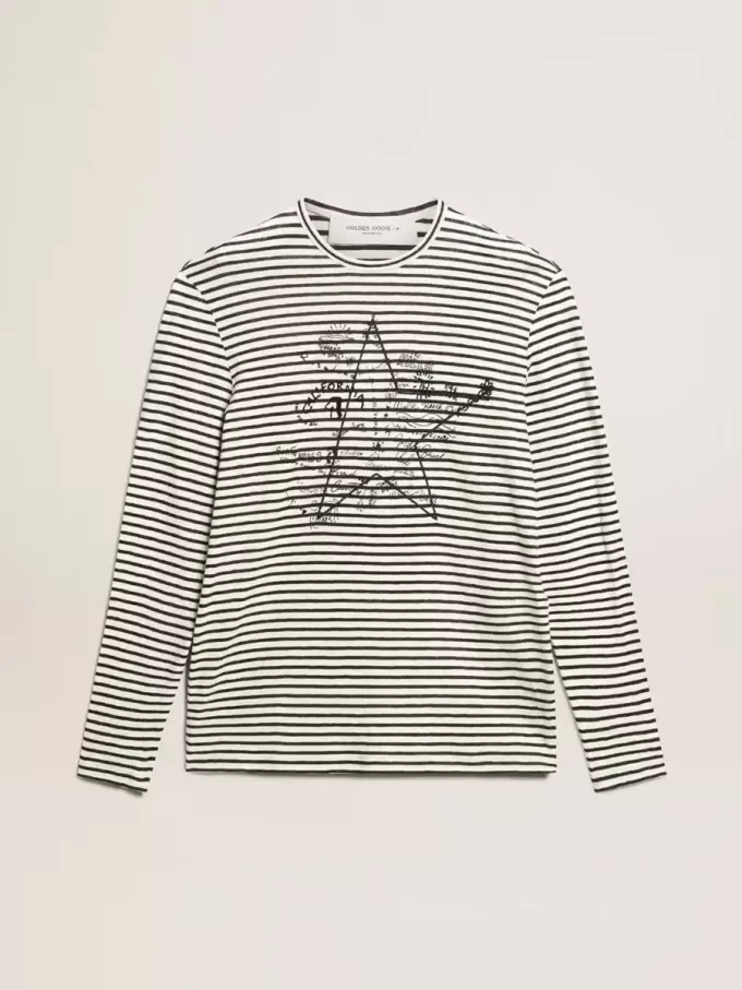 Heren-T-shirt met witte en blauwe strepen en borduursel op de voorkant