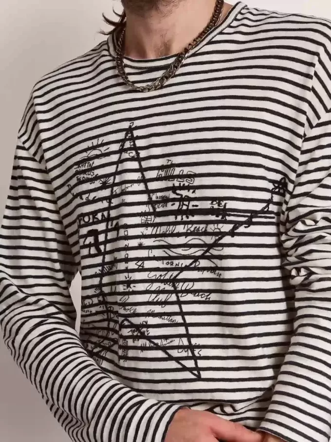Heren-T-shirt met witte en blauwe strepen en borduursel op de voorkant