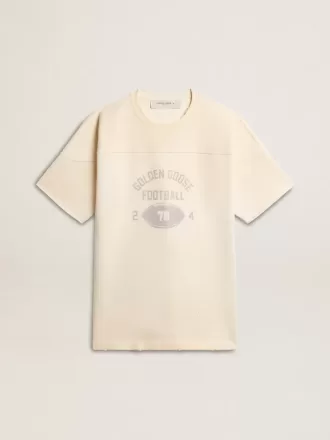 Heren T-shirt van katoen in vintage wit met onafgewerkte rand aan de voorkant