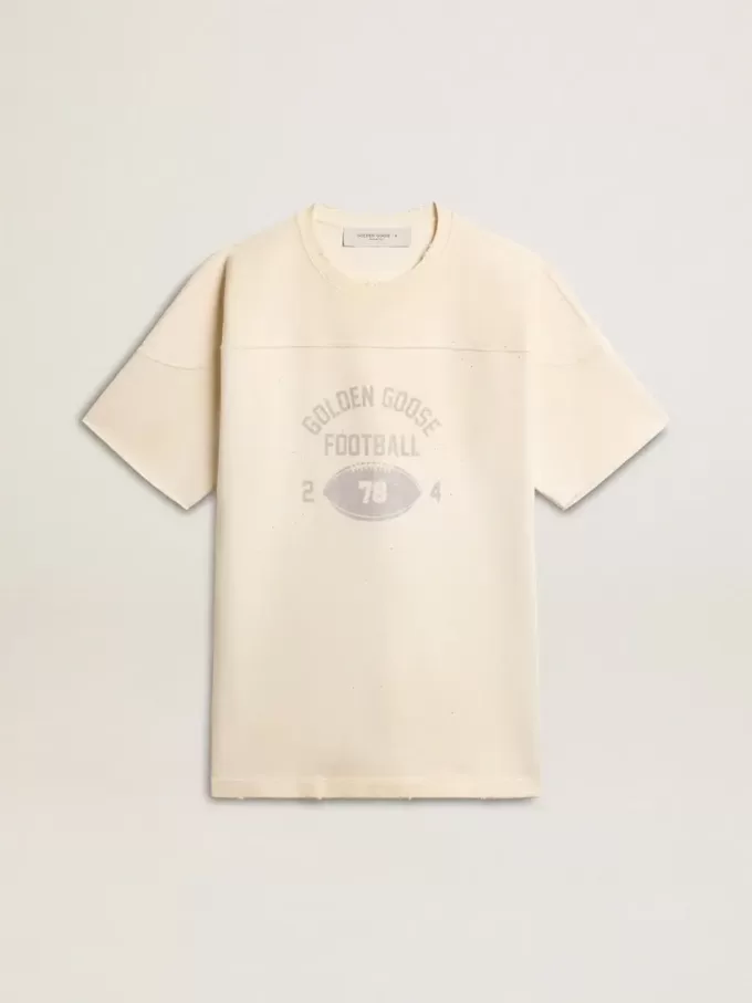 Heren T-shirt van katoen in vintage wit met onafgewerkte rand aan de voorkant