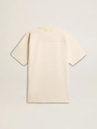 Heren T-shirt van katoen in vintage wit met onafgewerkte rand aan de voorkant