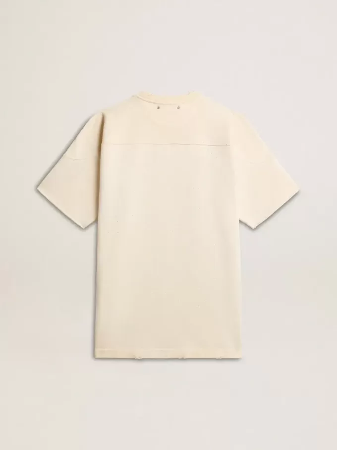 Heren T-shirt van katoen in vintage wit met onafgewerkte rand aan de voorkant