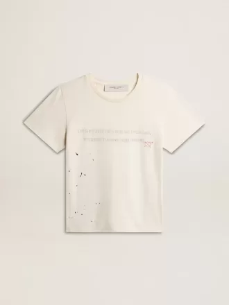 Heren-T-shirt van verouderd wit katoen met print en borduursel