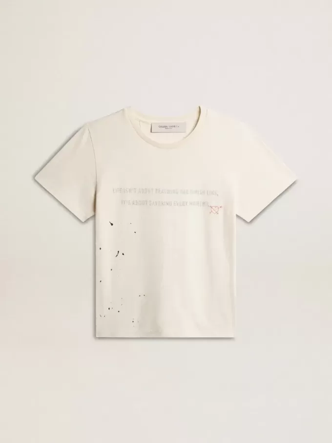 Heren-T-shirt van verouderd wit katoen met print en borduursel