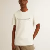 Heren-T-shirt van verouderd wit katoen met print en borduursel