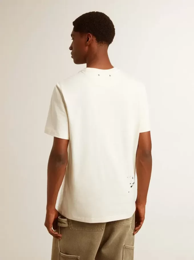 Heren-T-shirt van verouderd wit katoen met print en borduursel