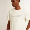 Heren-T-shirt van verouderd wit katoen met print en borduursel