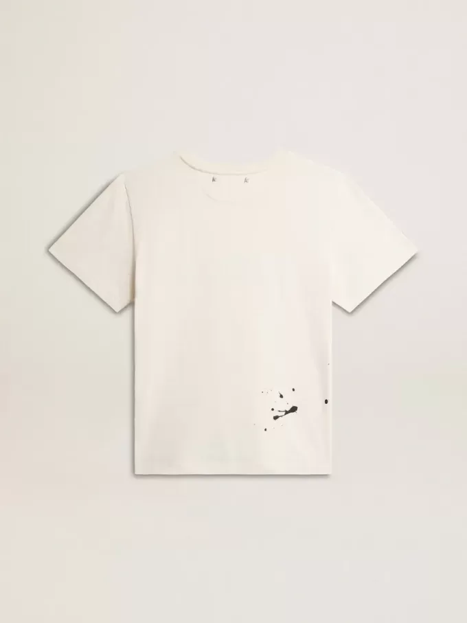 Heren-T-shirt van verouderd wit katoen met print en borduursel