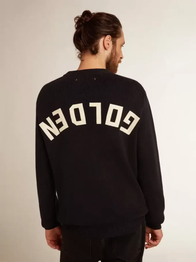 Heren trui met ronde hals in donkerblauw katoen met logo