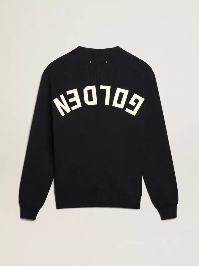 Heren trui met ronde hals in donkerblauw katoen met logo