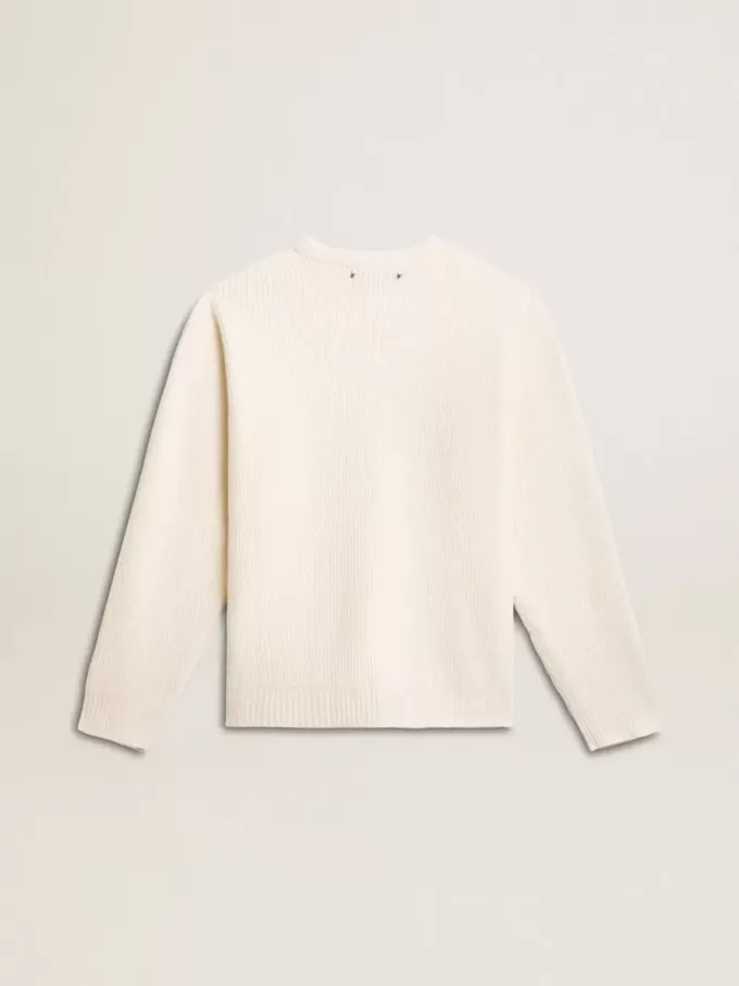 Heren trui met ronde hals van versleten witte geribde wol