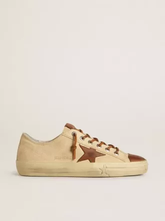 Heren V-Star in crèmekleurig canvas met tabakskleurige leren ster