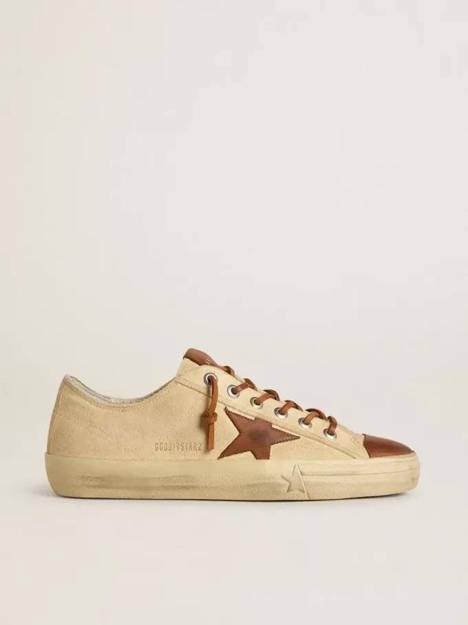 Heren V-Star in crèmekleurig canvas met tabakskleurige leren ster