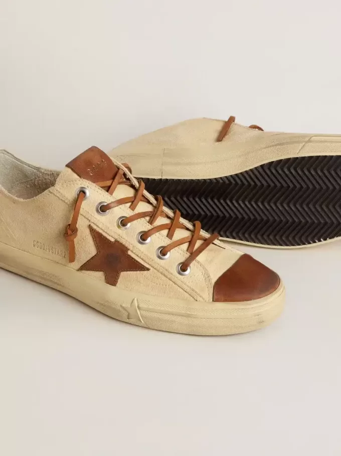 Heren V-Star in crèmekleurig canvas met tabakskleurige leren ster