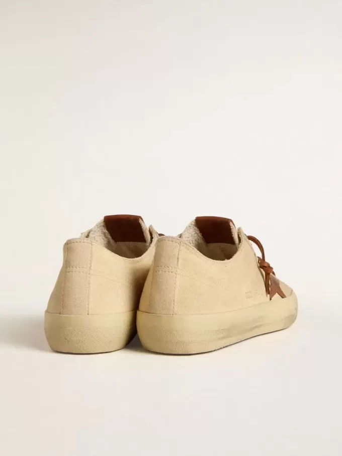 Heren V-Star in crèmekleurig canvas met tabakskleurige leren ster