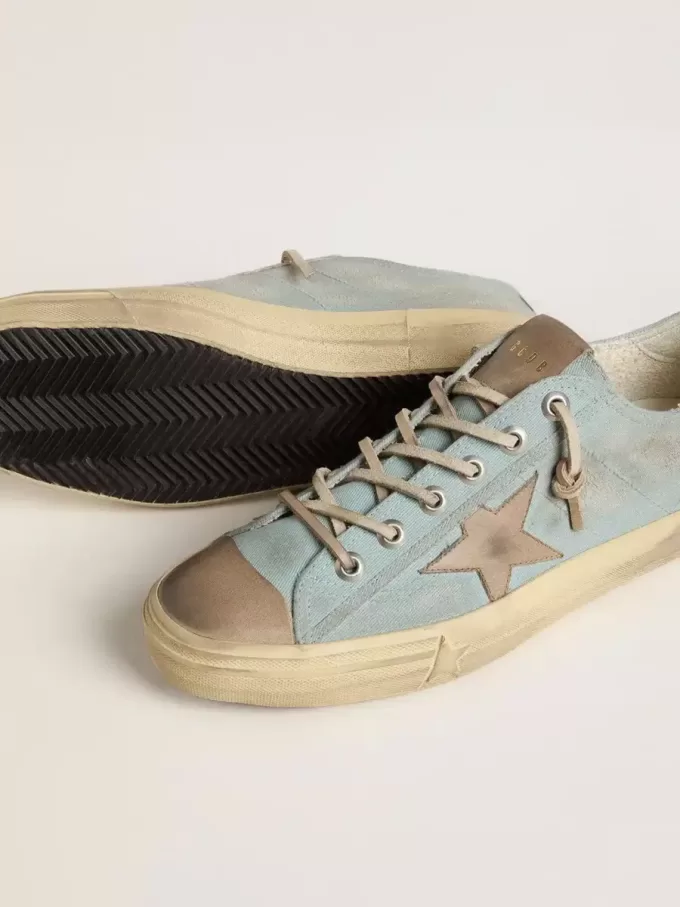 Heren V-Star in lichtblauw canvas met duifgrijze leren ster