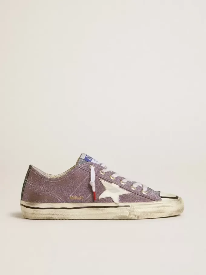 Heren V-Star LAB in lila leer en glitter met witte ster en zilveren glitter tong