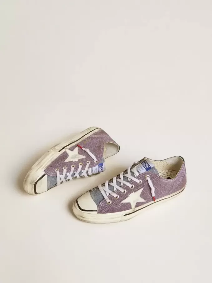 Heren V-Star LAB in lila leer en glitter met witte ster en zilveren glitter tong