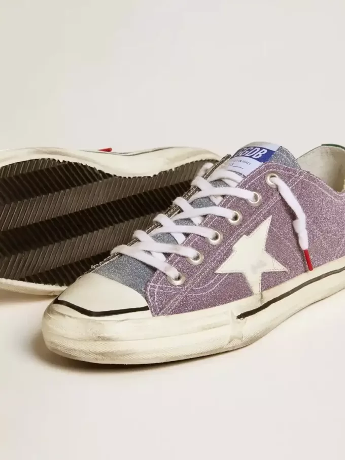 Heren V-Star LAB in lila leer en glitter met witte ster en zilveren glitter tong