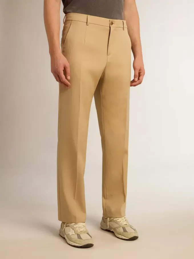 Herenbroek van gabardine van wol in zandkleur