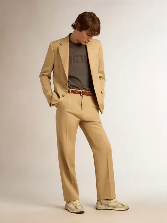 Herenbroek van gabardine van wol in zandkleur