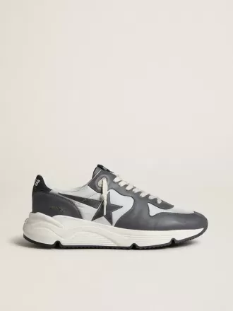 Herenhardloopzool van grijs nylon en zwart nappaleer met een zwarte suède ster