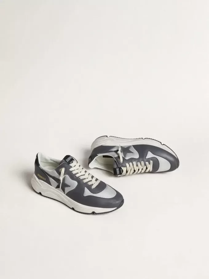 Herenhardloopzool van grijs nylon en zwart nappaleer met een zwarte suède ster