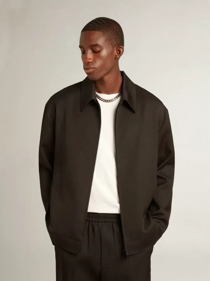 Herenjas met ritssluiting van zwarte wollen gabardine