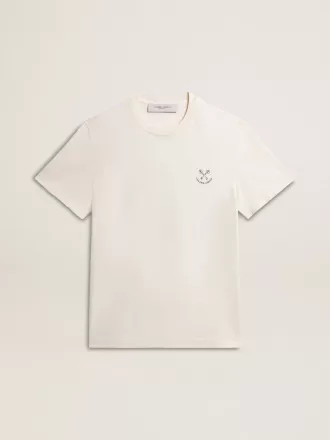 Herenkatoenen T-shirt in oud wit met print op het hart