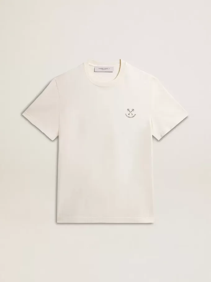 Herenkatoenen T-shirt in oud wit met print op het hart